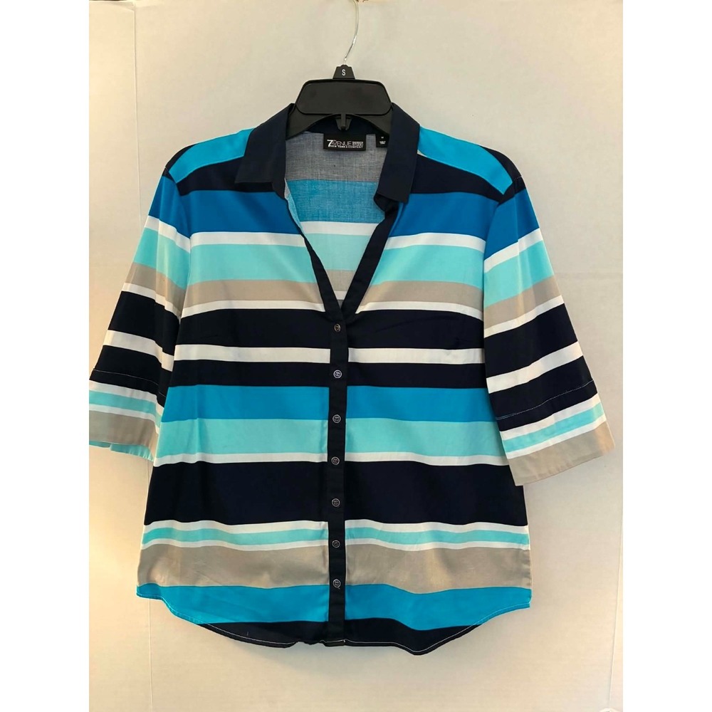 7th Avenue Design Studio Womens Medium Striped Button Front Blouse Coastal Chic